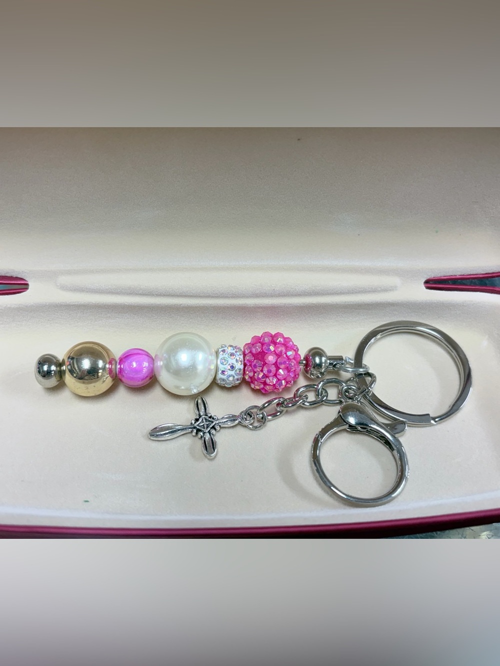 Hand Crafted Silver Cross Key & Card Holder with Pink and Pearl Beads